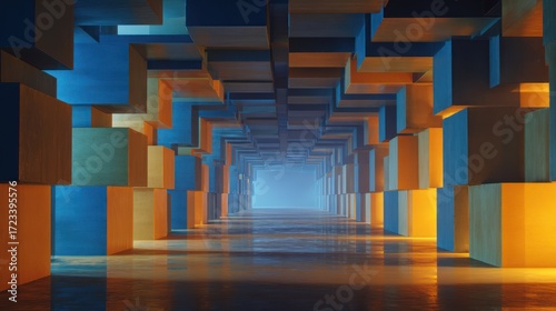 Fototapeta Naklejka Na Ścianę i Meble -  A vibrant, futuristic tunnel composed of numerous, brightly colored, geometric cubic structures, leading to a luminous, distant point.