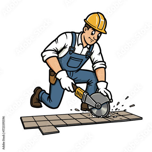 Construction worker using a tile cutter for small tile installation  