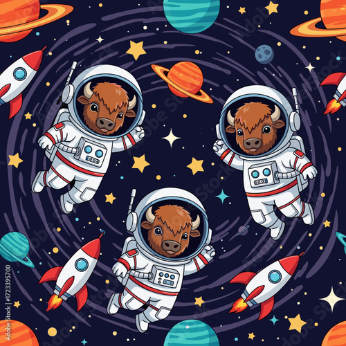 Cute cartoon bison astronauts exploring a vibrant galaxy with planets and rockets Childhood fun