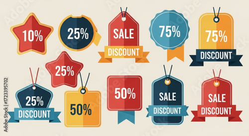 Collection of vintage sale tags retro discount labels with different percentages vector illustration of promotional badges for shopping