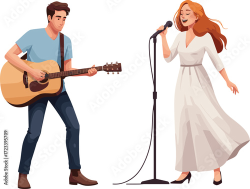 Live music performance, acoustic guitar, passionate singer, duet on stage, emotional expression, artistic collaboration, concert vibe, red hair, white dress, microphone