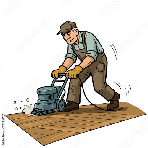 Elderly man sanding wooden floor with power tool indoors  