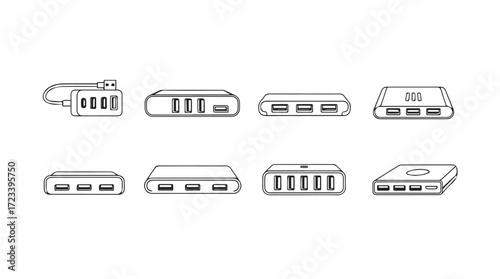 Collection of hand drawn digital hubs and docking stations in sketches on silhouette