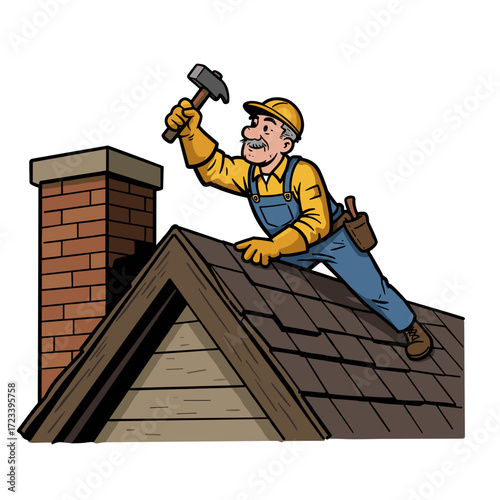 Roofer repairing roof near chimney with hammer and safety gear  