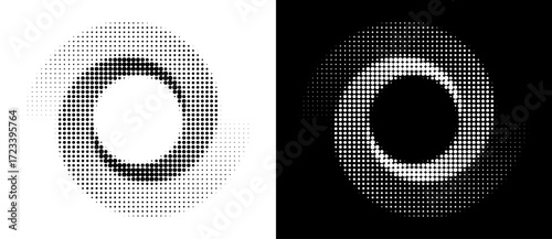 Abstract art background with dotted circle. Halftone effect with dots in spiral. Black shape on a white background and the same white shape on the black side. Yin and yang style.
