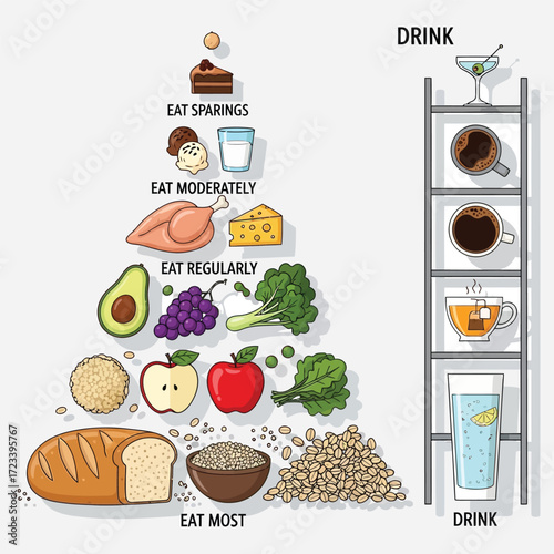 Nutrition and wellness infographic showing a balanced diet pyramid with healthy food groups and beverage choices