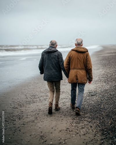 An Enduring Journey: Two elderly individuals walk hand-in-hand along a serene beach, their backs to the viewer, as gentle waves lap the shore under a cloudy sky.