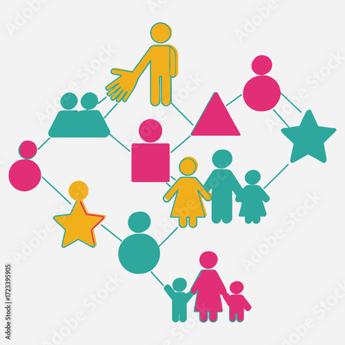 A conceptual illustration showing a blended network of diverse people, families, and social connections linked in a community diagram
