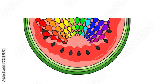 A vibrant watermelon slice, its juicy flesh replaced with a mesmerizing rainbow of colors, creating a whimsical and eyecatching design