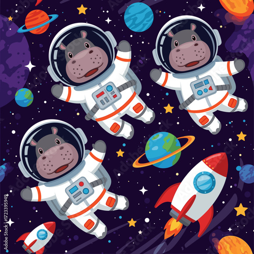 Playful hippo astronauts explore the vibrant cosmos with planets stars and rockets