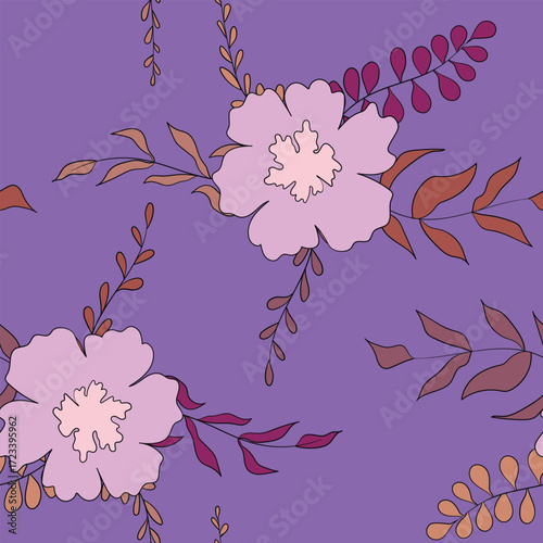 Seamless floral pattern based on traditional folk art ornaments. Colorful flowers on color background. Scandinavian style. Sweden nordic style. Vector illustration. Simple minimalistic pattern.