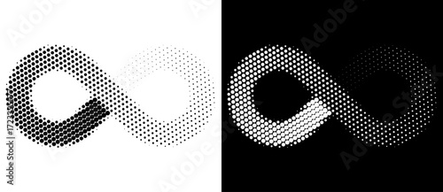 Spiral as halftone dotted abstract infinity symbol. Black shape on a white background and the same white shape on the black side.
