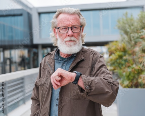 Elderly Man Checking Time: An experienced elderly man with a white beard and glasses checks his smartwatch outdoors, standing in front of a modern building, conveying a sense of calm and awareness.