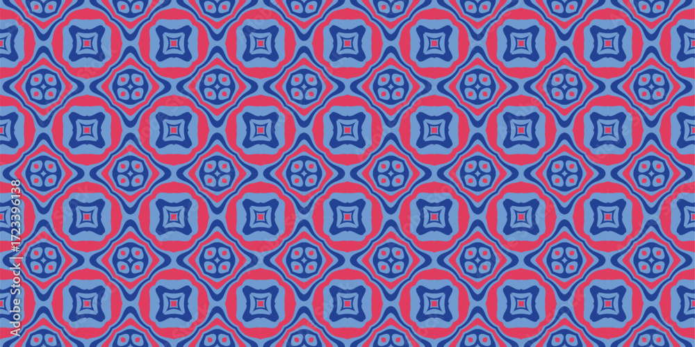 Fototapeta premium A repeating geometric pattern with blue and pink square motifs within diamond shapes creating an intricate mosaic aesthetic.
