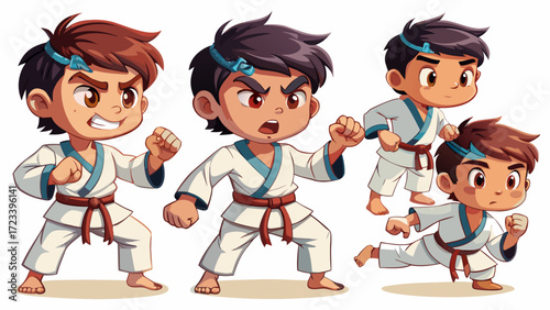 Portraits of little boy, child, training, doing karate isolated over white studio background. Collage. Strong stance, focused expression, traditional gi, excellent for martial arts concepts or sporty 