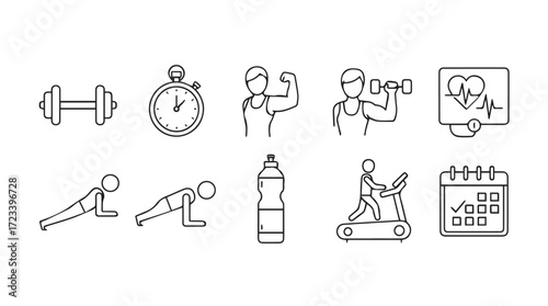 Hand drawn fitness icons set representing healthy lifestyle activities and exercise equipment silhouette