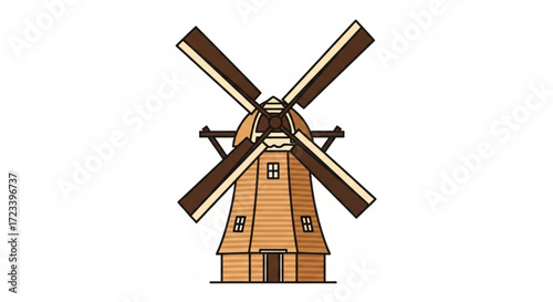 Illustration of a traditional windmill with brown blades and a wooden structure, a charming depiction of rural architecture
