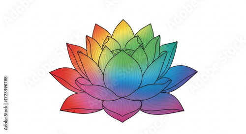 A vibrant rainbow lotus flower, , showcases a spectrum of colors, symbolizing peace, purity, and spiritual awakening in a minimalist design