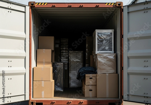 Packed cargo container full of cardboard boxes and wrapped furniture.