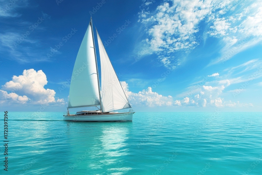 Fototapeta premium Sailboat glides through calm turquoise waters under a bright blue sky