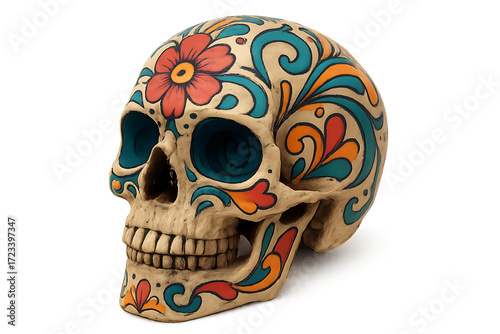 Sugar Skull with Floral Tattoo: Day of the Dead Artwork
