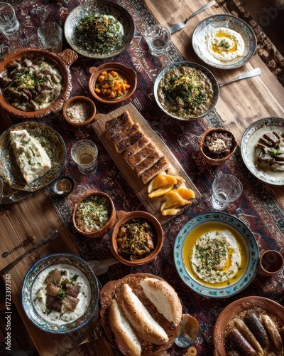 A Feast for the Senses: An opulent spread of Middle Eastern cuisine, featuring various mezze dishes, bread, and dips, laid out on a richly patterned textile, promising a delightful culinary journey.