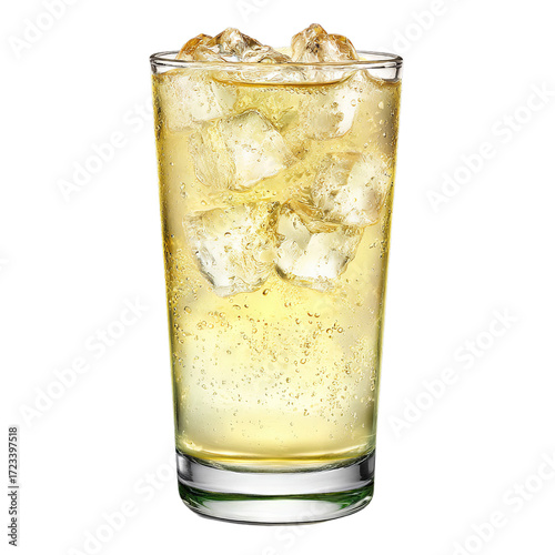 Tall glass of ginger ale. Isolated white background. Png format