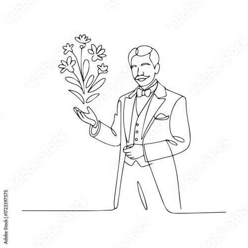 Continuous Simple black line art drawing of a magician in a minimalist style on a white background.