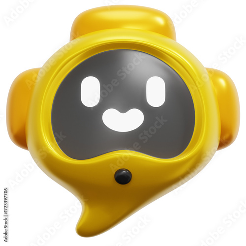 Friendly yellow robot with a cute face and speech bubble ears, perfect for representing communication, AI, and technology in digital designs and presentations