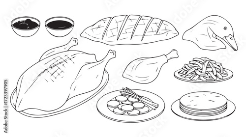 Delicious roasted duck dish with sides and garnishes hand drawn sketch style food presentation silhouette