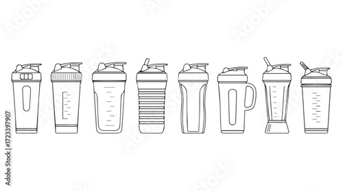 Collection of diverse protein shaker bottles with lids and mixing balls for smoothies and supplements silhouette