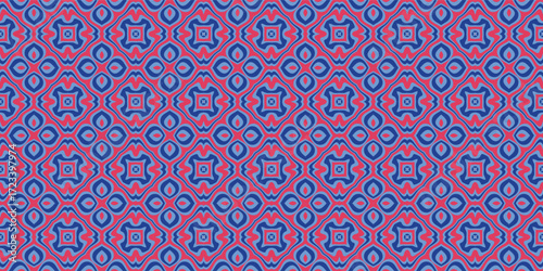 A Geometric Pattern Featuring Intersecting Quatrefoil Motifs in Blue and Purple Hues.