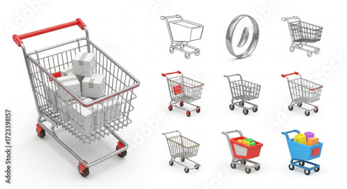 Shopping cart with boxes, a wheeled basket used in stores for transporting merchandise while shopping, often found in supermarkets and retail outlets
