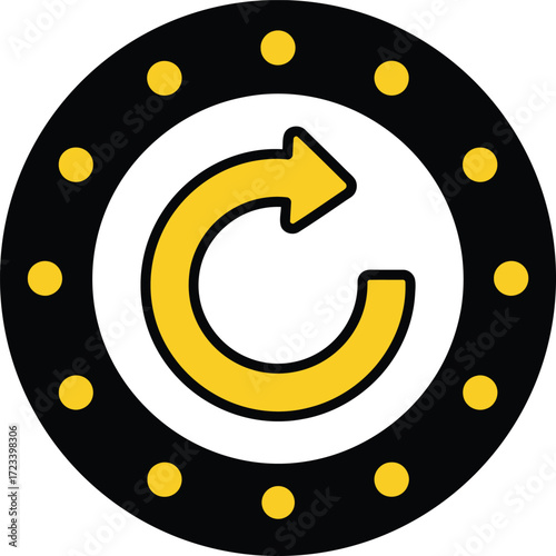 Circular arrow icon with yellow dots on black ring