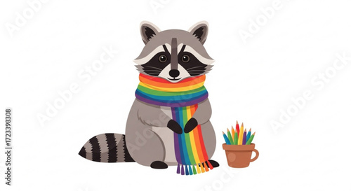 Cute raccoon wearing a rainbow scarf and sitting next to a pot of colored pencils vector illustration of an animal