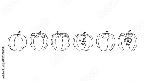 Six hand drawn sketch style pumpkins with different carved faces for halloween decor silhouette