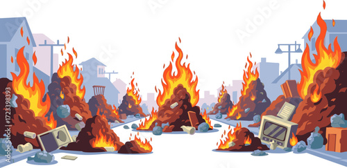 Burning Trash Piles on Suburban Street Amidst Houses