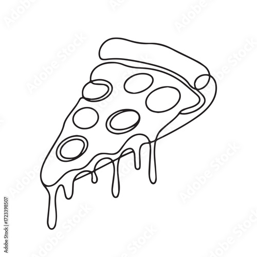 Continuous Simple black line art drawing of a pizza slice in a minimalist style on a white background.