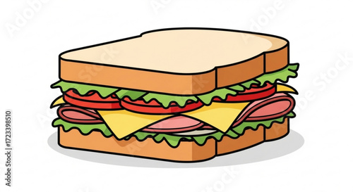 Colorful illustration of a delicious sandwich with ham, cheese, lettuce, and tomato, perfect for lunch menus and foodrelated designs