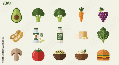 A collection of vegan food icons, including avocado, broccoli, carrot, grape, soy, milk, tofu, spinach, mushroom, tomato, rice, and burger