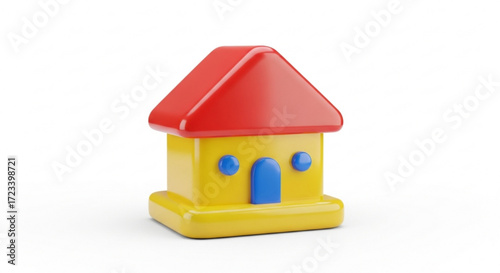 A charming yellow house with a red roof, ideal for real estate, childhood themes, or architectural representations