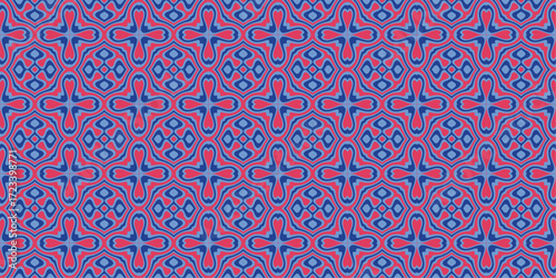 Intricate repeating geometric pattern in shades of purple and blue featuring quatrefoil and diamond motifs perfect for textile design.