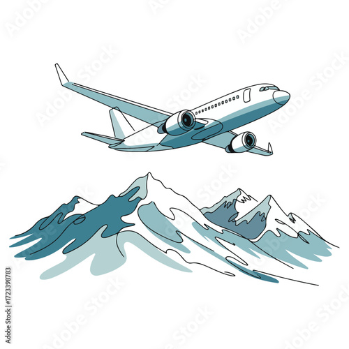 Continuous Simple black line art drawing of a air plane in a minimalist style on a white background.