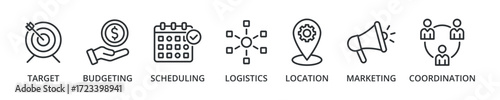 event management banner icon with target, budgeting, scheduling, logistics, location, marketing, coordination