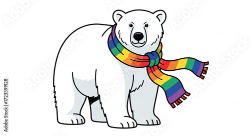 Illustration of a polar bear wearing a rainbow scarf the bear is standing and looking forward with a friendly expression