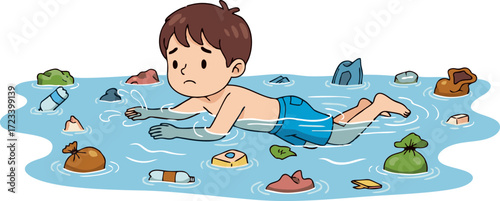 Cartoon Boy Swimming in Polluted Water with Plastic Bottles and Trash Bags