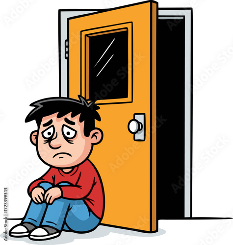 Cartoon Boy with Sad Expression Sitting Near an Open Orange Door