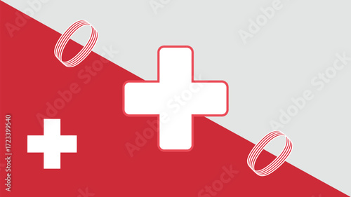 Abstract background featuring a red and gray split with white crosses and rings design element