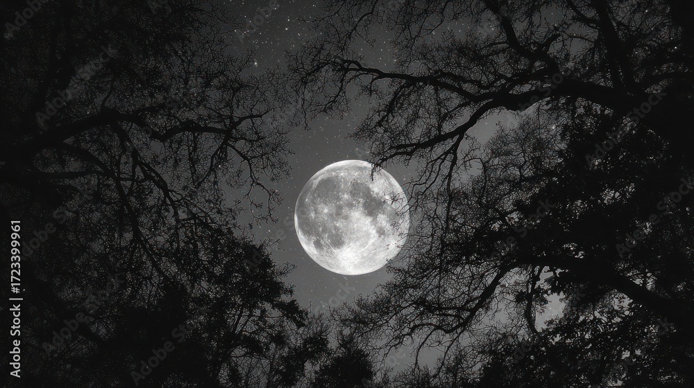 Naklejka premium A full moon casts a serene glow through the branches of dark trees on a starlit night.
