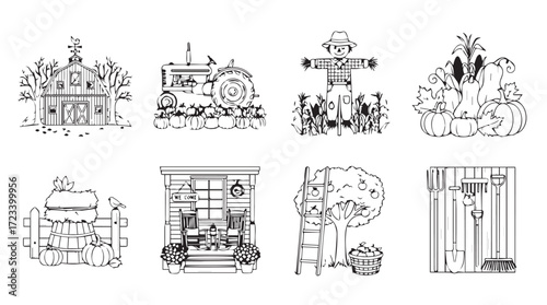 Charming farm elements collection featuring rustic scenes and agricultural icons hand drawn style silhouette